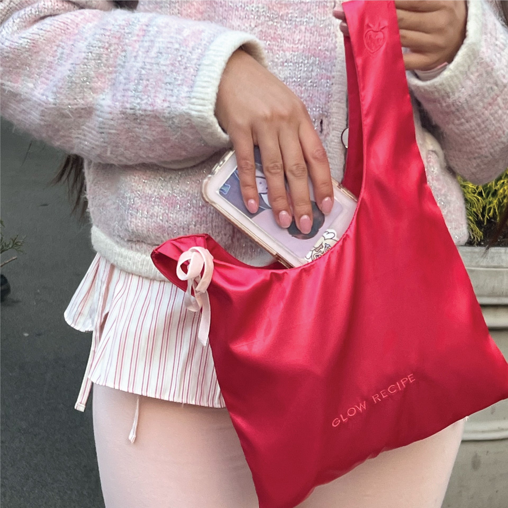glow-recipe-strawberry-satin-knot-bag-embroidered-luxury-beauty-accessory image 3